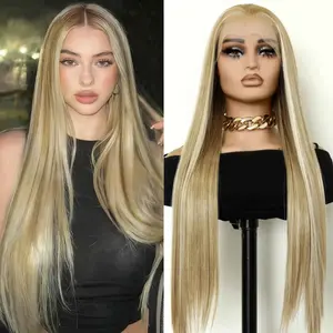 13×4 Synthetic Lace Front Wigs 30inch Long Straight Ash Blonde with Brown Lace Heat Resistant for Women Daily Party Use Pre Plucked Natural Look