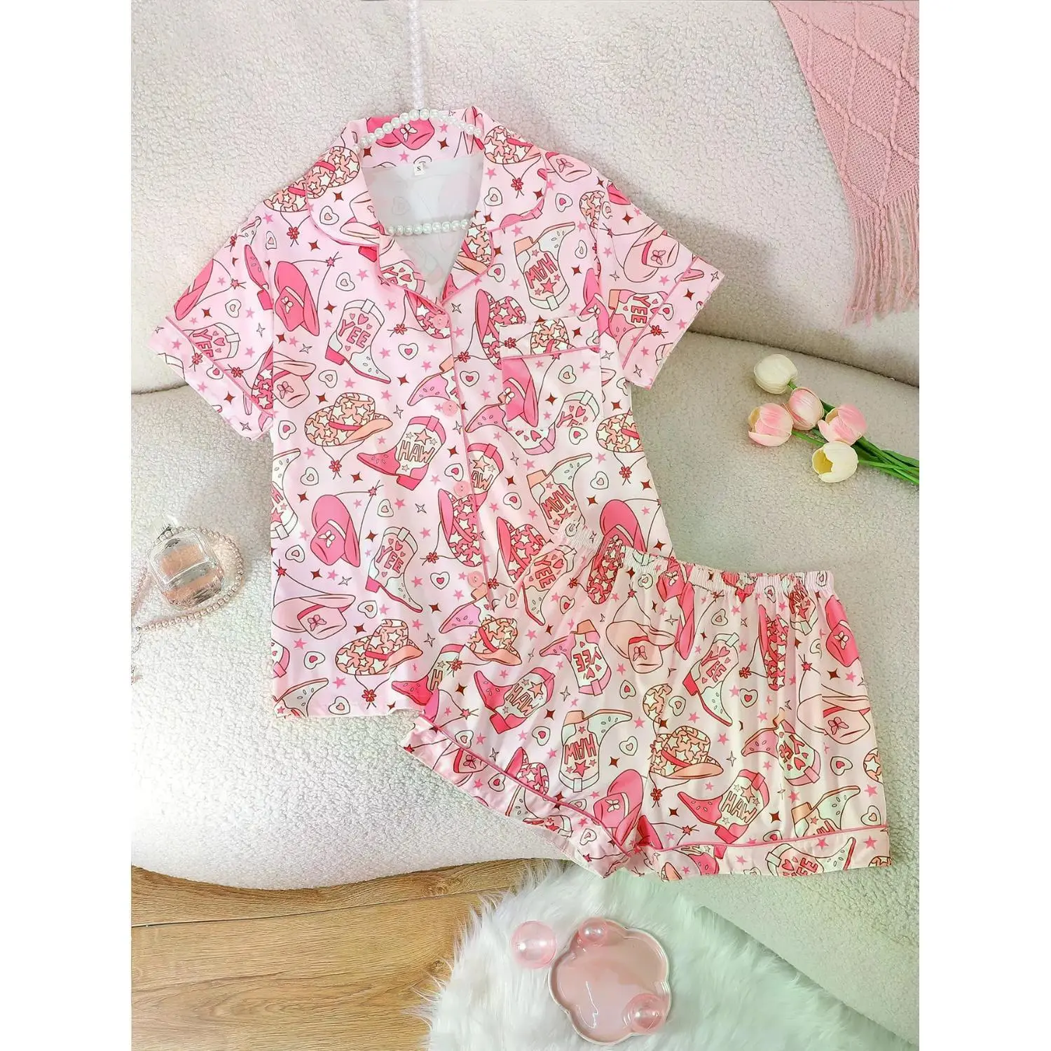 Ladies' Summer Cool Short Sleeve Pajama Set - 2-Piece Casual Sleepwear with Elastic Shorts, Western Cowboy Style Loungewear, Comfortable Homewear for Women
