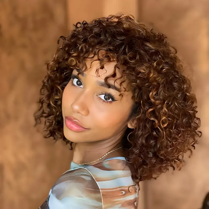 [Jerru Curly Wig] Jerru Curly Wig - 180% Density Highlight Curly Bob Wig With Bangs - Human Hair, Short, Kinky Curly, 4/27 Brown Honey Blonde Afro Curly Wigs For Black Women
