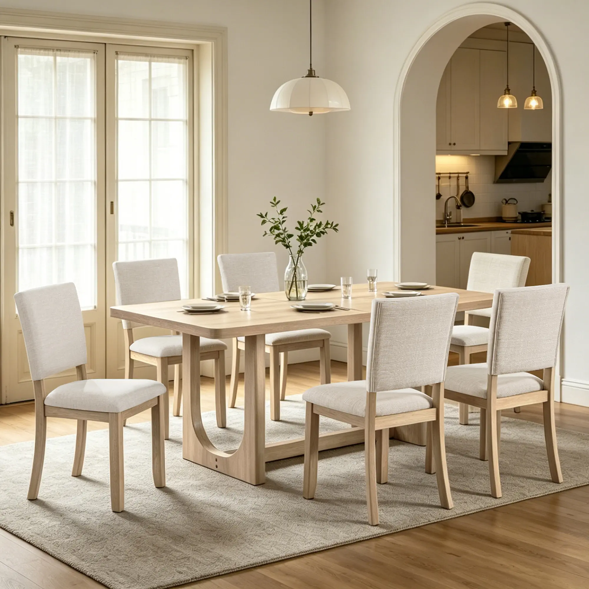 7-Piece Dining Table Set for 6 ，68" Rectangular Kitchen Table with 6 Upholstered Chairs, Natural Wood U-Shaped Sturdy Frame Dining Furniture for Family Apartment Dining Room（Light Oak）