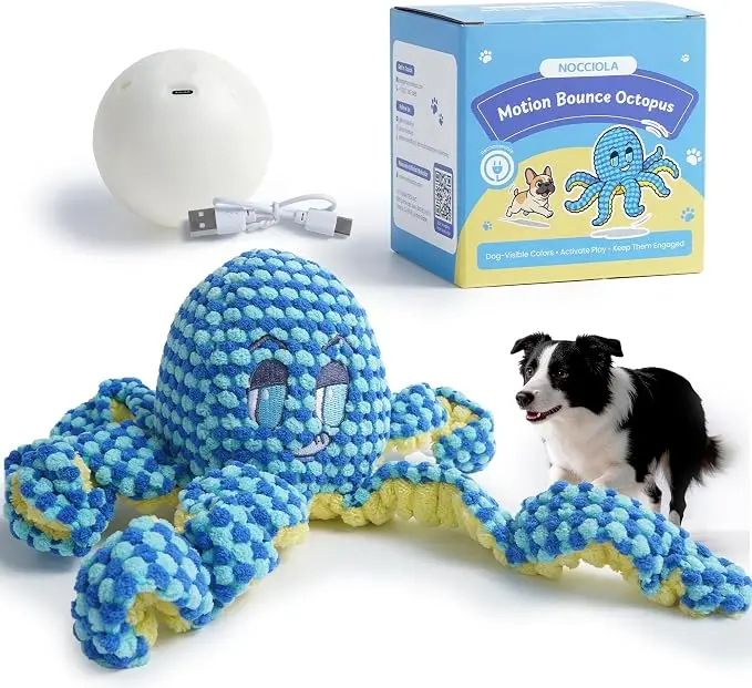 Nocciola Octo Ball Interactive Dog Bouncy Ball Toy - No-Stuffing Animal Print Plush Octopus, USB Rechargeable Auto-Bounce Core, Touch-Activated Hide & Seek Enrichment Toy for Holidays, Birthdays, All Breeds, Cartoon
