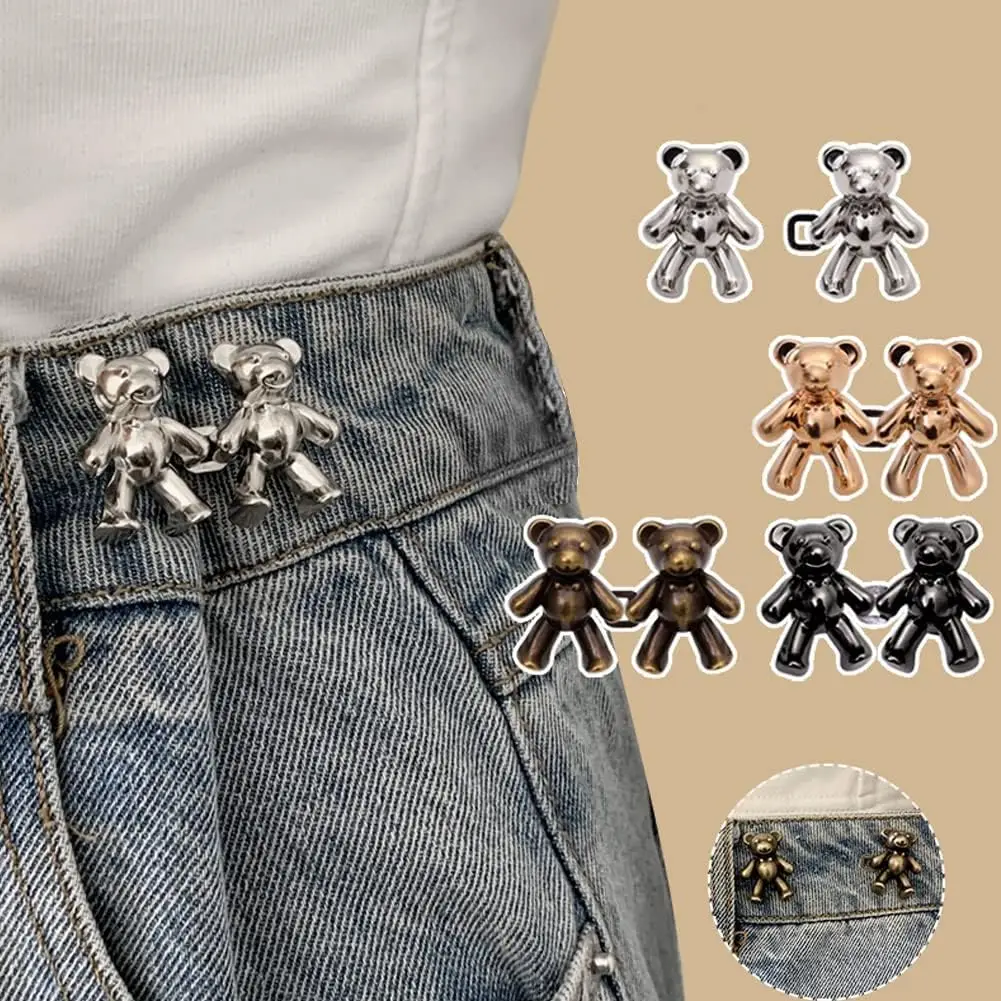 Cute Bear Jeans Button Pins No Sew Detachable Waist Body Fit Tighten Buckles Perfect Girl's Gifts for Women Skirt Pant Jeans, Metal