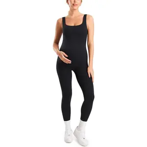 Maternity Jumpsuit Workout Romper for Pregnancy Seamless Leggings Bodysuit Sleeveless Square Neck Tank Top