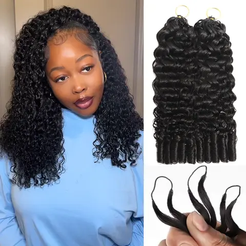 Burmese Curly Remy Human Hair Crochet Extensions, 18inch-22inch Curly Hair Bundles, Pre-Stretched Per-Loop Knotless Feather Style, Beginner-Friendly, Glueless Time-Saving Installation, Consistent, Wash & Restyle, 40 Strands for Boho Braids