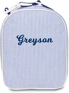 MT WORLD Personalized Lunch Bag Tote Custom Embroidery Name Reusable Seersucker Stripe Pattern Insulated Lunch Box with Adjustable Shoulder Strap Blue Pink Gray Green Purple Aqua