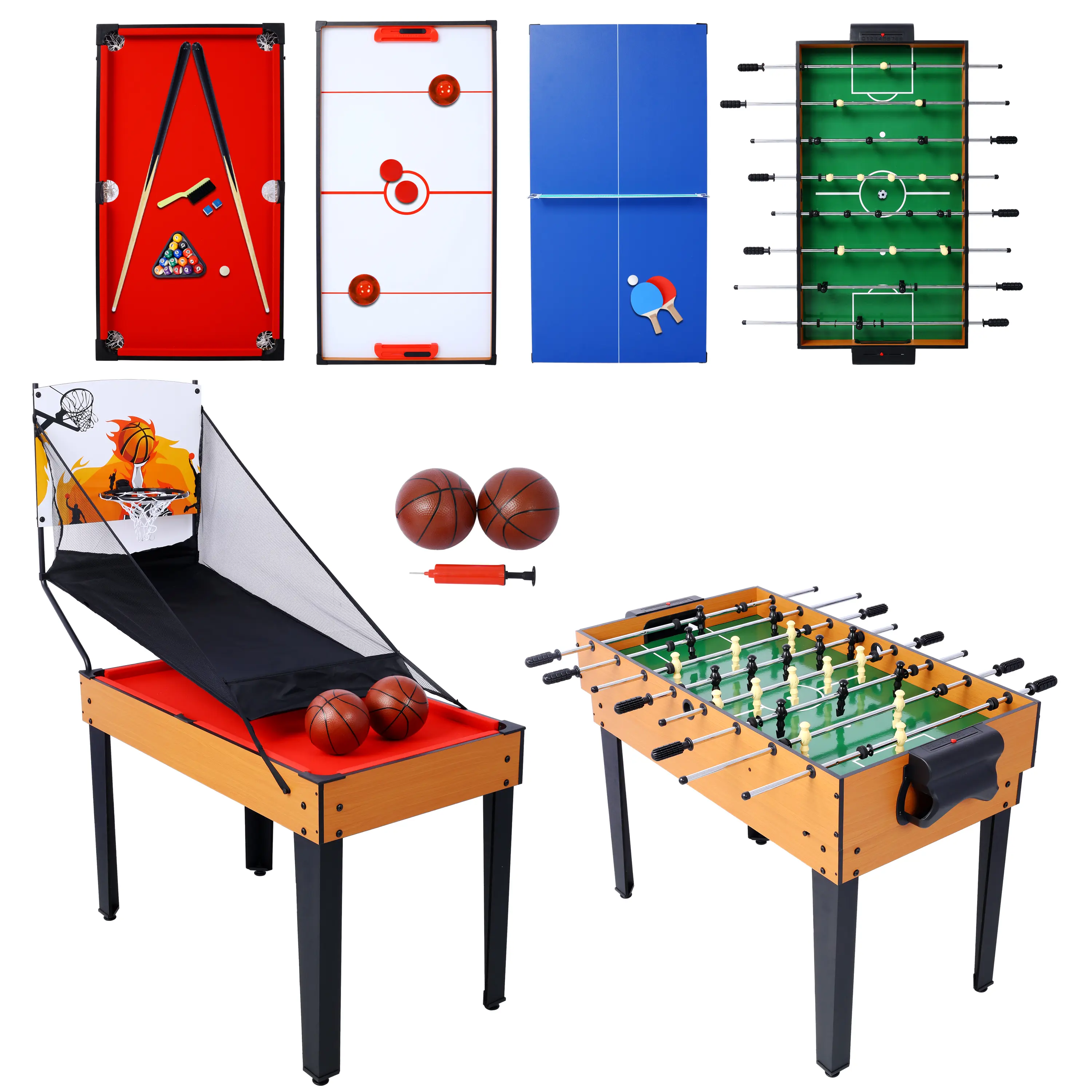 5-in-1 Multi-Sports Game Table - Billiards, Push Hockey, Foosball, Table Tennis, Basketball, Convertible, Unisex, 24.0in Width, 43.0in Length, Adjustable Feet, All-Inclusive Accessories, Mdf + Steel