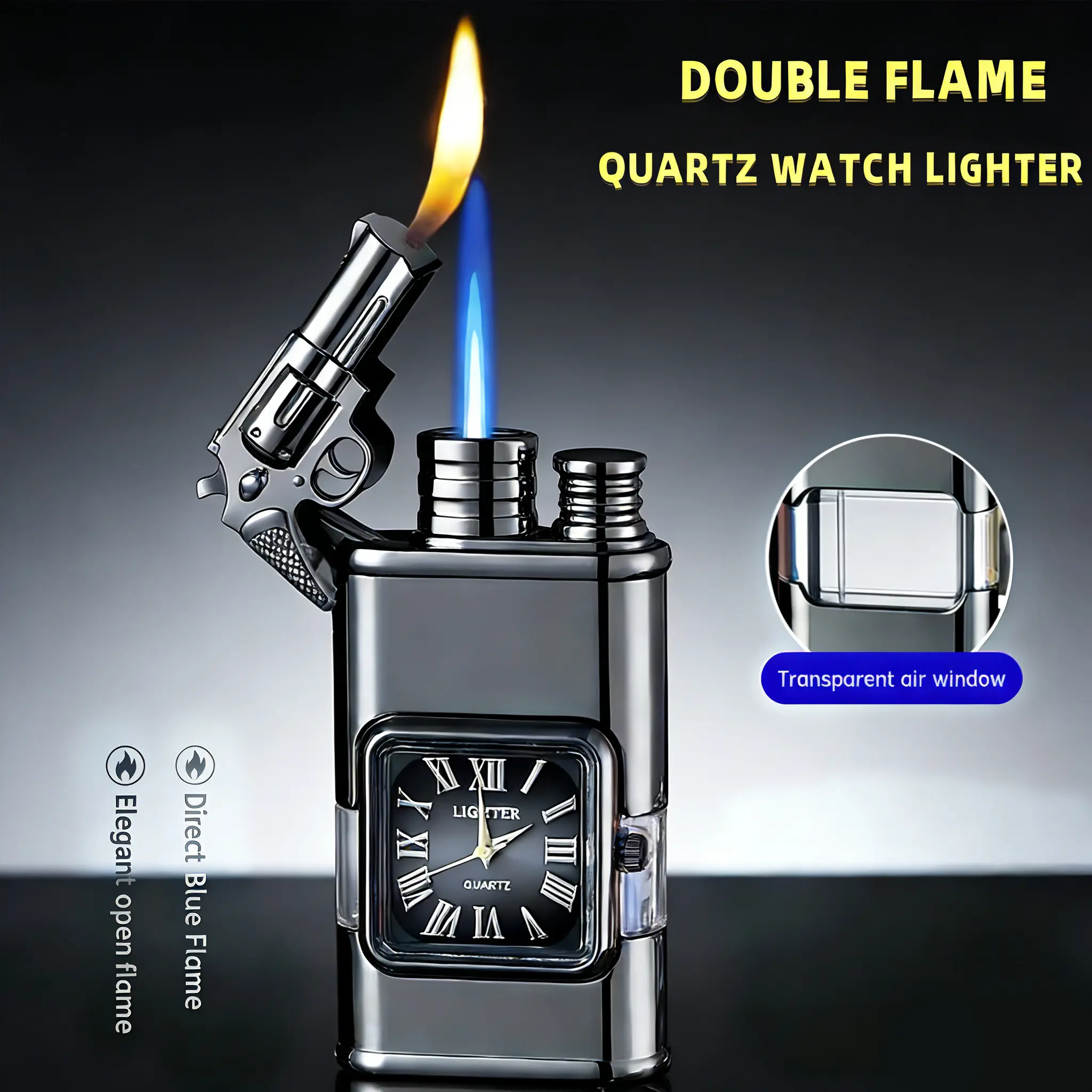 Dual-flame Windproof Torch Lighter, Vintage Quartz Dial, Portable Refillable Butane Lighter. Suitable for Outdoor Camping, Barbecues, and Wilderness Survival. Men's Gift, Includes Gift Box (butane Not Included)