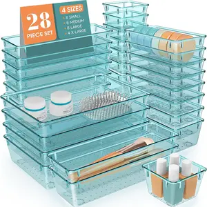 28 PCS Clear Plastic Drawer Organizer Set, 4 Sizes Desk Drawer Divider Organizers and Storage Bins for Makeup, Jewelry, Gadgets for Kitchen, Bedroom, Bathroom, Office,Sea Blue