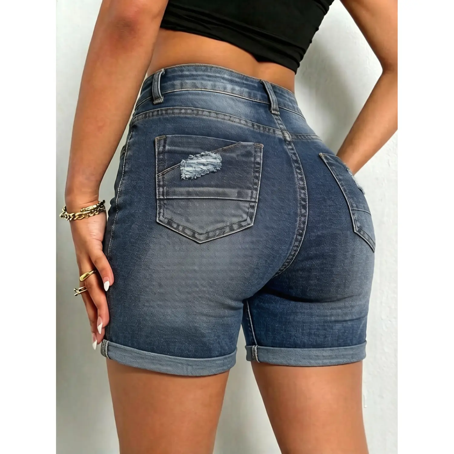 Bermuda Shorts for Women Jean High Waisted Trendy Patch Pockets Casual Summer Button Fly Stretchy Denim Shorts