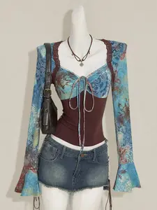 Women's Vintage Print Long Sleeve Ruched Patchwork Loose Blouse