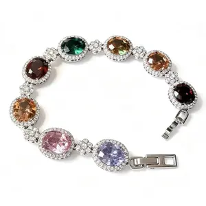 Oval Multi Color Gemstone Halo Link Bracelet Mixed Rainbow CZ Stone Silver Plated Tennis Bracelet Luxury Women Party Jewelry Gift