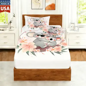 Koala Bear Bedding Set (No Flat Sheet), Cute Animal Bed Sheets Full Size, Lovely Family Pink Floral Fitted Sheet for Kids Boys Girls Bedroom, Botanical Branches Cartoon Pattern Bed Cover