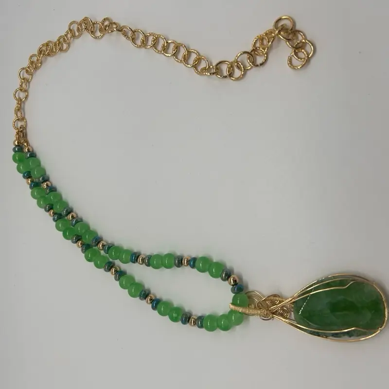 22” Aesthetic Green Crystal Geode Necklace  Gold Wire Wrapped Gemstone Pendant