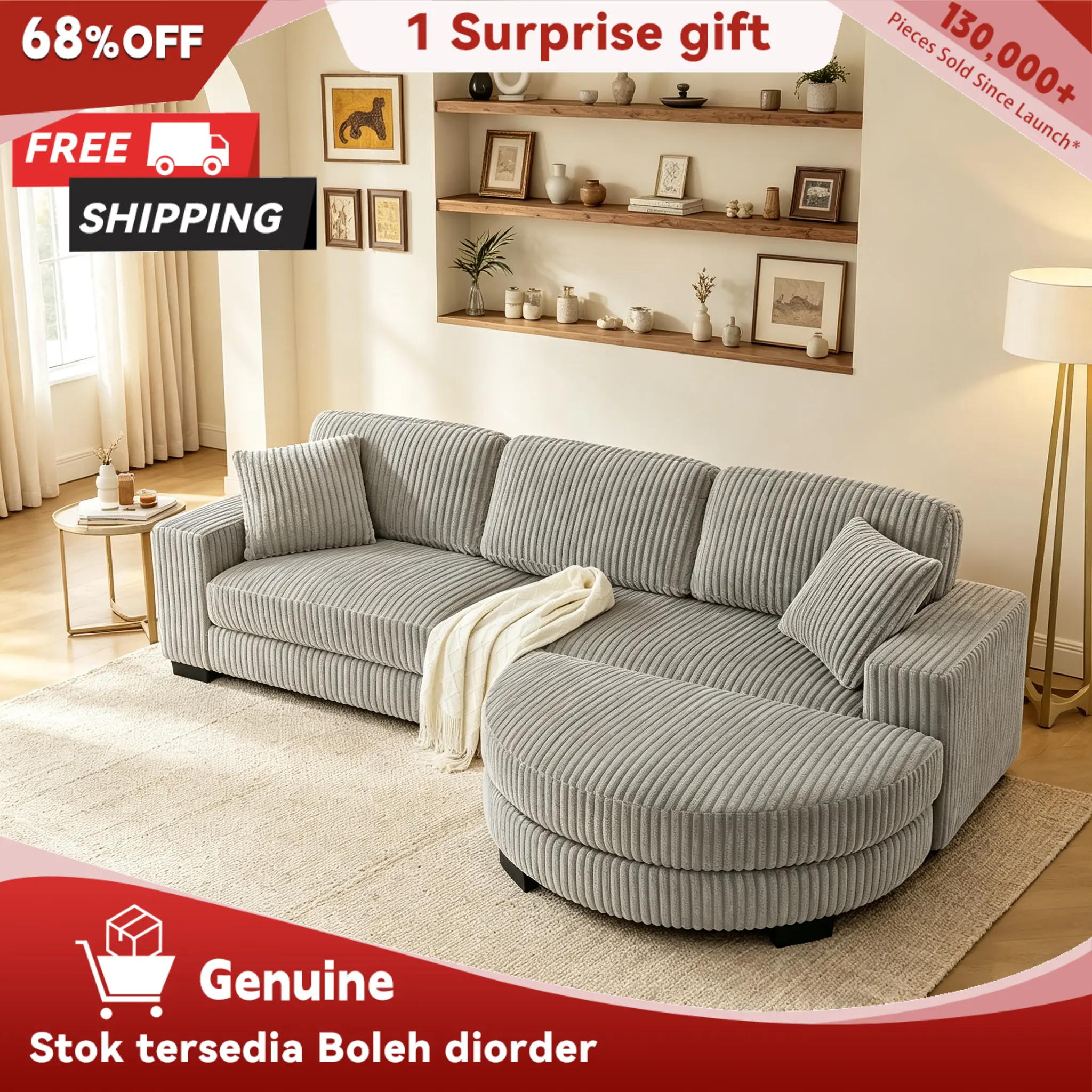[3Packs Shipped] Niccae Modern L-Shaped Corduroy Upholstery Boneless Sectional Couch - 3-Pack Sofas with Ottoman, 2 Pillows & Convertible Foam Bed Lounger, Couches for Living Room, Living Room Home Office Furniture, Living Room Furniture