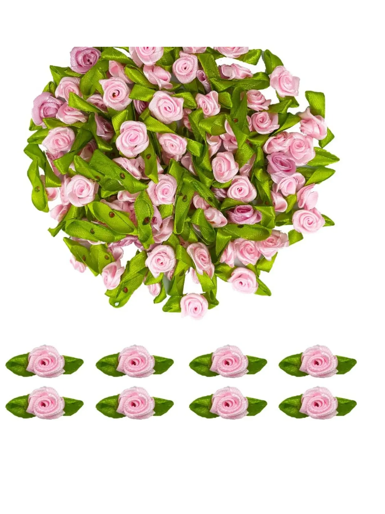Mini Ribbon Roses, 100Pcs Artificial Fabric Flowers with Green Leaves Pink, Red, White Rosettes Mini Ribbon Roses for Crafts Sewing DIY Craft Decoration, DIY Floral Decoration Wedding Festival Accessories