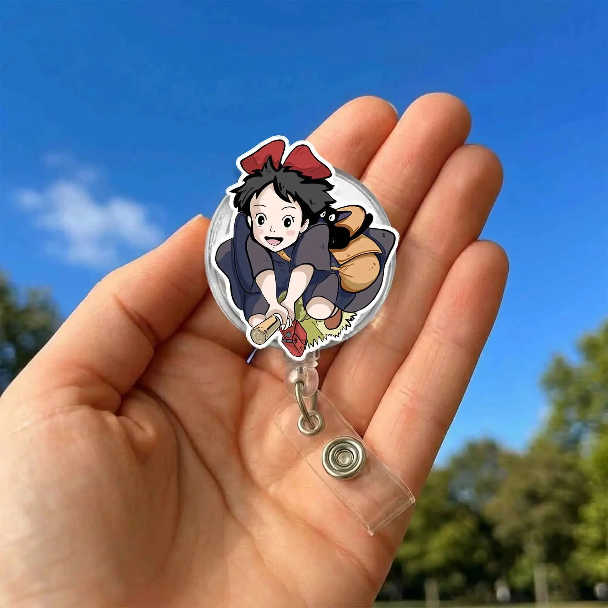 Kiki Anime Retractable Badge Reel, Acrylic ID Holder with Jiji Black Cat