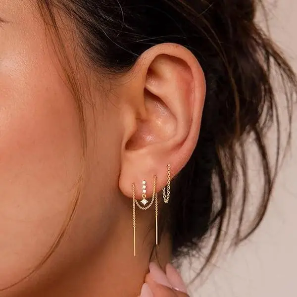 Tewiky 14K Gold Plated Dangle Zircon Gold Earrings for Women Trendy, Dainty 14K Gold Plated Chain Earrings for Women Simple Threader Earrings Non Tarnish Hypoallergenic Long Drop Earrings Jewelry Pack For Valentine's Day gifts