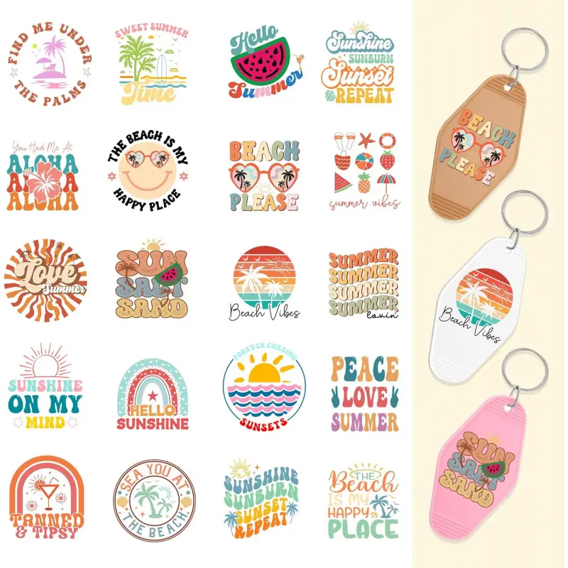 UV DTF Stickers for Motel Keychain- Summer Beach UV DTF Wrap Stickers, Summer Vibes UV DTF Decals, Cute Rub on Transfers, Aesthetic Stickers, Strawberry Stickers, Sticker Set, Waterproof Cold Transfer Stickers for Hotel Blank Keychains
