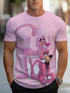 Men'S T-Shirt Featuring a Pink Cartoon Print, Perfect for Casual Outings at Home Or Dining Establishments. It'S Lightweight, Durable, And Offers a Comfortable Fit for Daily Wear, Providing a Fashionable And Contemporary Appearance for Today'S Men