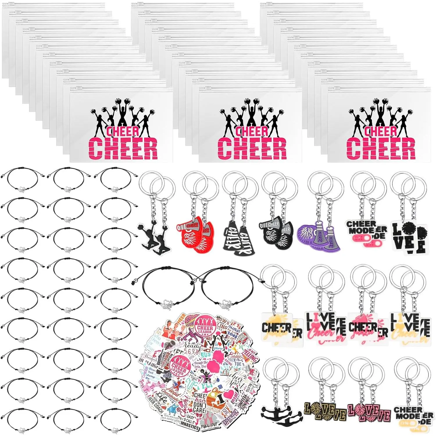 91 count Gifts for Cheerleader Cheer Gifts Bulk Cheer Makeup Bag &  & Bracelet &  Stickers for Women Girls Teammates  Team(Black)