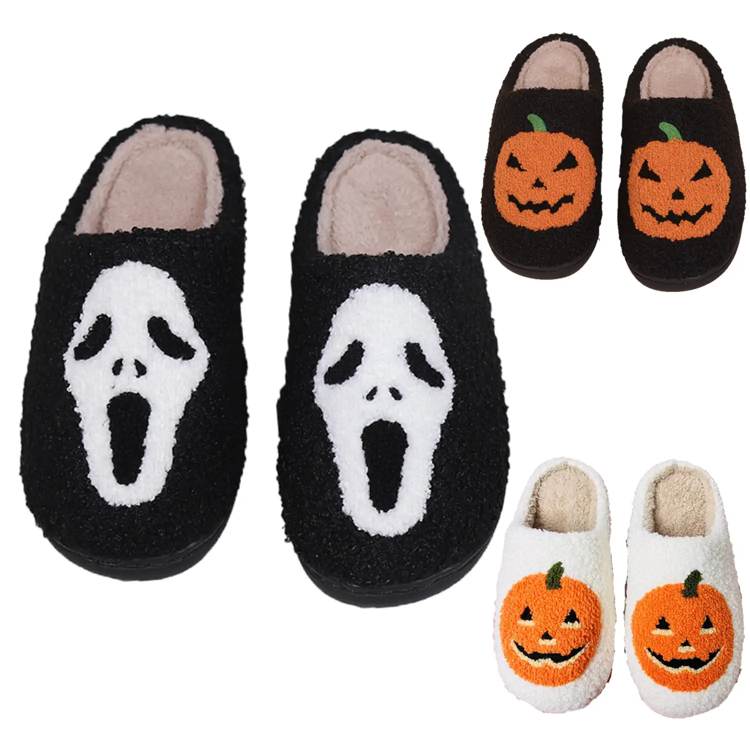 Winter Warm Women Cotton Slippers Men's Bedroom Slipper Women Non-Slip Soft Bottom Slippers Unisex Home Slippers Pumpkin Skull Printed