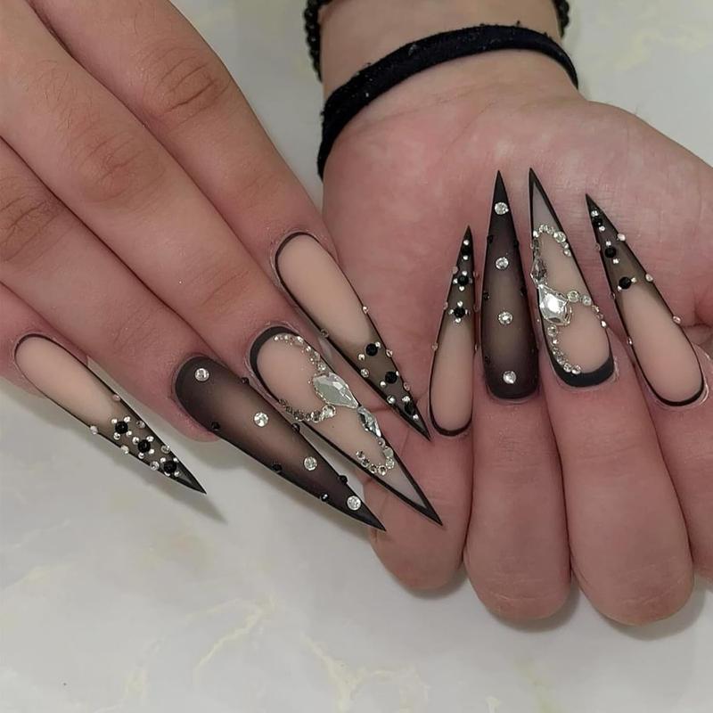 Black Ombre Press on Nails Long Stiletto Fake Nails Matte Rhinestone Extra Long False Nails Full Cover Glossy Glue on Acrylic Nails for Women 24Pcs