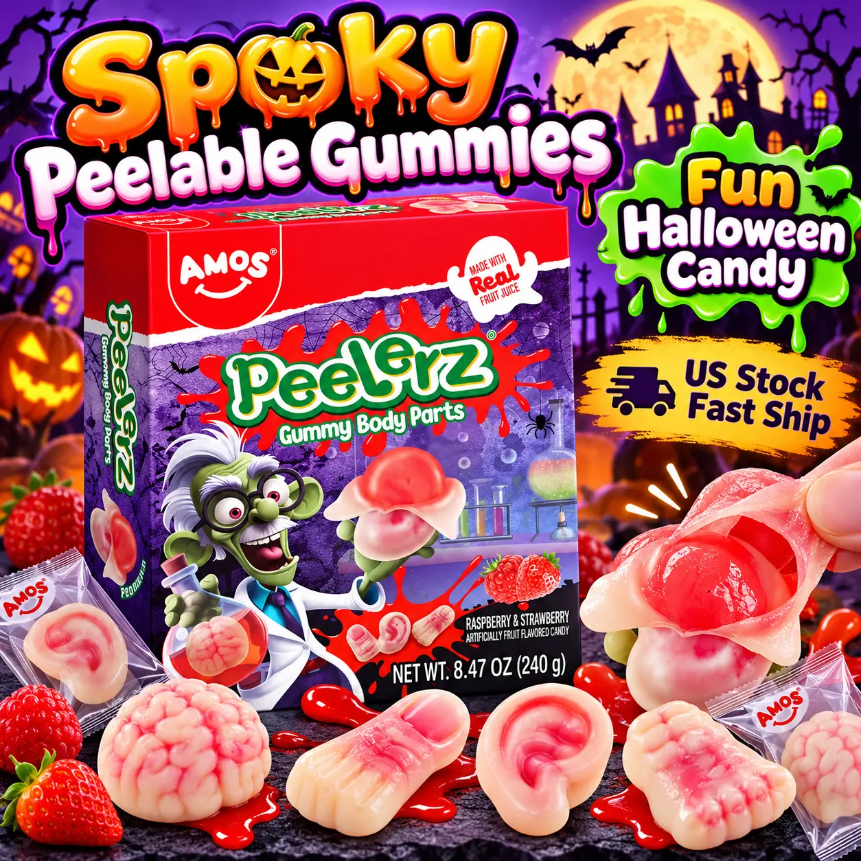 AMOS Peelerz Halloween Gummy Body Parts Candy – Peelable Strawberry & Raspberry Gummies, Individually Wrapped Trick or Treat Party Snacks, 8.47oz (240g) | US Stock • Fast Delivery Within 5 Business Days