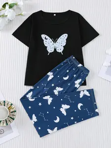2 Pieces Of Girls' White Butterfly Print Round Neck Short Sleeved Pants Pajama Set with Elastic Waistband Suitable for Casual, Comfortable and Cute Home Wear in All Seasons, Pajama Sleepwear
