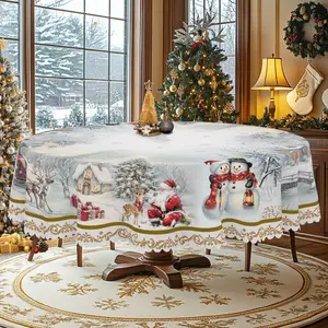 1pc, Christmas Themed Party Print Tablecloth,Rectangle Table Cover with Snowy Elk & Santa, manteles de tela para fiesta, Xmas Decor, Holiday Party Indoor Dining Decor, Round Table Cloth, Christmas Party, Festive Home Kitchen Accessory Gifts table  linens
