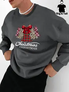【Plus Size】 Christmas Tree & Letter Print Drop Shoulder Cute Sweatshirt, Casual Long Sleeve Round Neck Pullover for Fall & Winter, Men's Clothes for Daily Wear