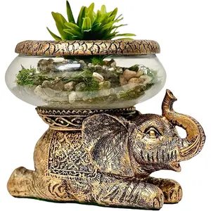 Elephant Decorative Figurine with Removable Glass Bowl Gold Antiqued Polyresin Can be Used as Terrarium Candle Holder Tabletop Aquarium Home Decor with Gift Box