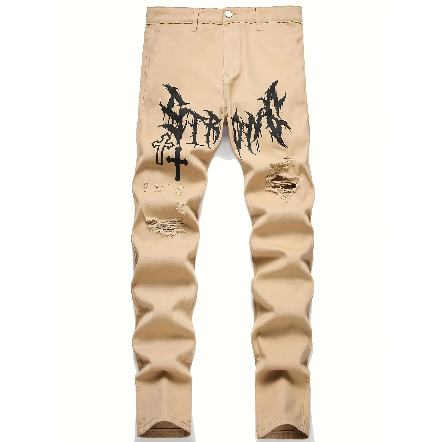 1 pair of men's jeans with ripped jeans printed on the front, street multi-function multi-pocket denim trousers