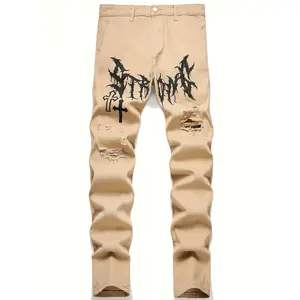 1 pair of men's jeans with ripped jeans printed on the front, street multi-function multi-pocket denim trousers