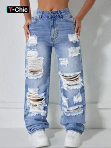 Elegant Fashion Street Style High Waist Ripped Denim Jeans, Spring Summer Fall Women's Loose Straight Leg Pants, Trendy Casual Wear, Streetwear, Womenswear, Pocket
