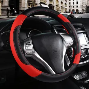 Leather  Steering Wheel Cover, Non-Slip  Wheel Cover Protector Breathable Microfiber Leather Universal Fit for   (Black & Red)