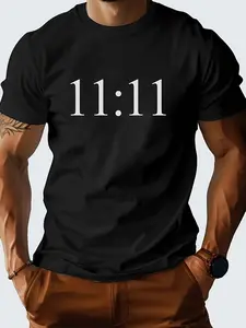 Men's White T-Shirt with Minimalist 1111 Number & Clock Face Print - Short Sleeve Round Neck Casual Tee All-Season Fit Soft Breathable Cotton Shirt with 1111 Graphic Design for Casual Attire & Timepiece Style (Machine Washable)