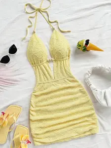 Women's Sexy Deep V Neck Tie Strap Backless Mini Dress Ruched Bodycon Fit for Party Date Afternoon Tea Fashionable Summer Beach Vacation - Black - Sleeveless, Casual