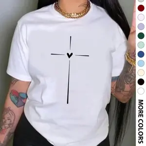 Women's Cross & Heart Print Round Neck Tee, Fashion Casual Crew Neck Short Sleeve T-Shirt for Daily Wear, Ladies Clothes for All Seasons
