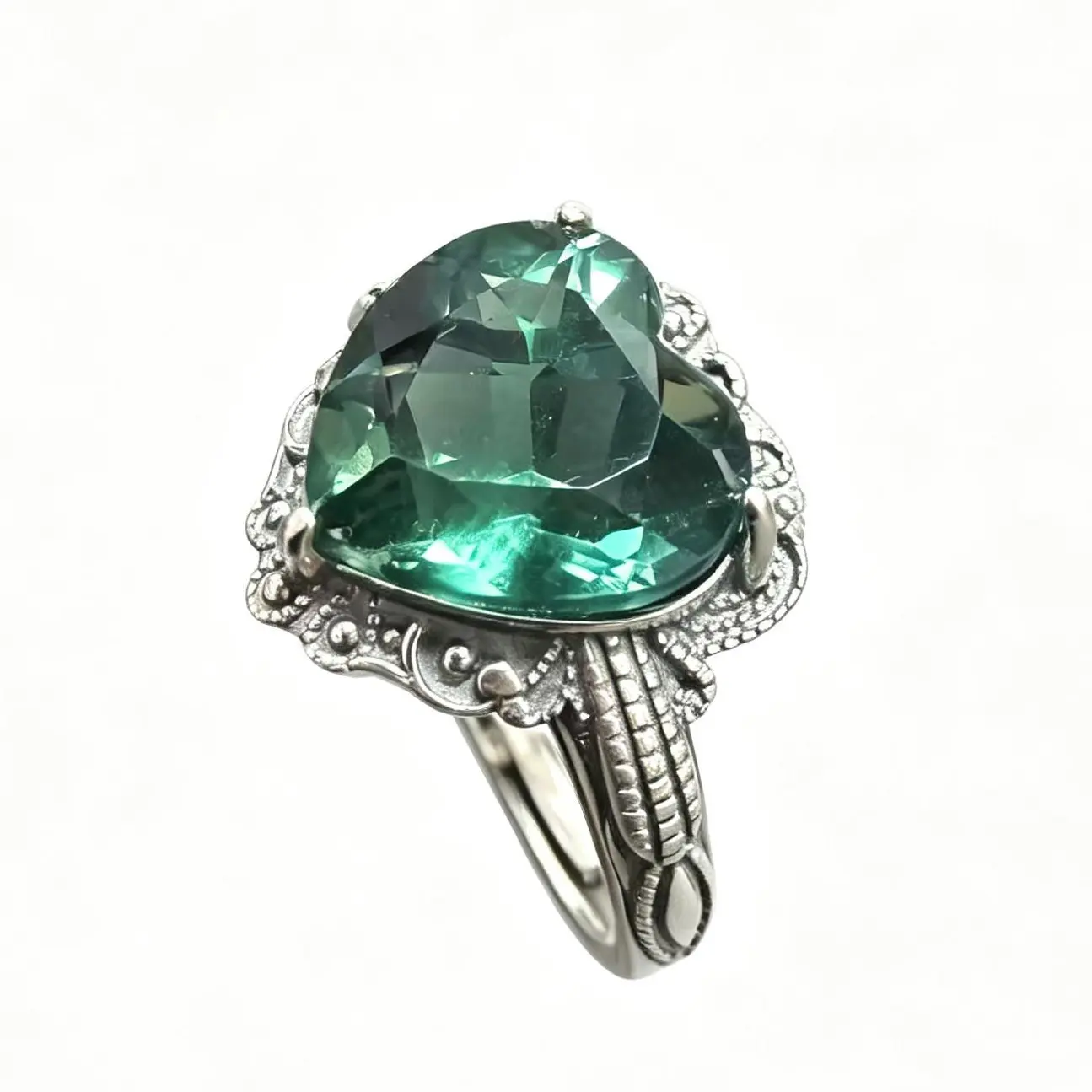 925 Sterling Silver Adjustable Natural Green Fluorite Heart Ring (12x12mm) - Vintage Gothic Unisex Statement Wear for Adults' Birthday, Anniversary Jewelry, Adjustable Size, Faceted Gemstone