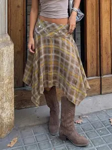 Plaid Asymmetrical Midi Skirt High Waist Flowy A Line Skirt Vintage Check Print Irregular Hem Skirt Boho Chic Streetwear Summer Casual Vacation Outfit Lightweight Elegant Skirt for Women Womenswear Bottom Boho Skirts Street Fashion Skirt