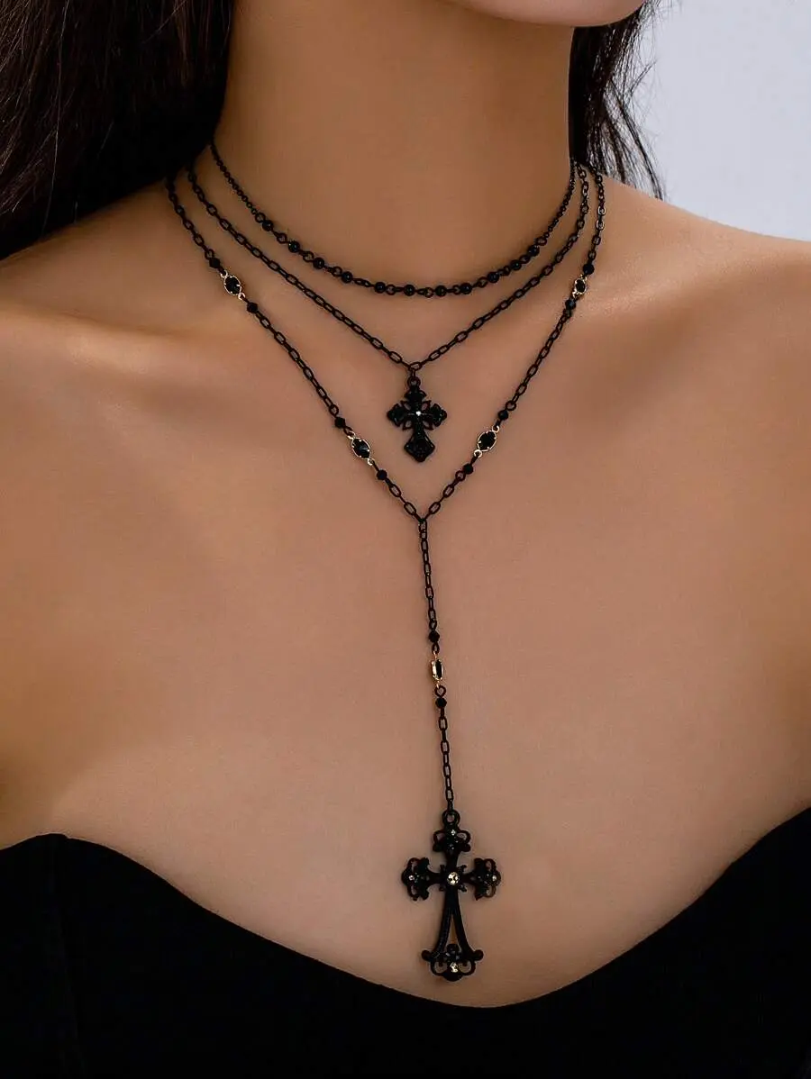 LUNA LAYER 3 Pcs Black Beads Cross Necklace Set Y Chain Rhinestone Charm Jewelry