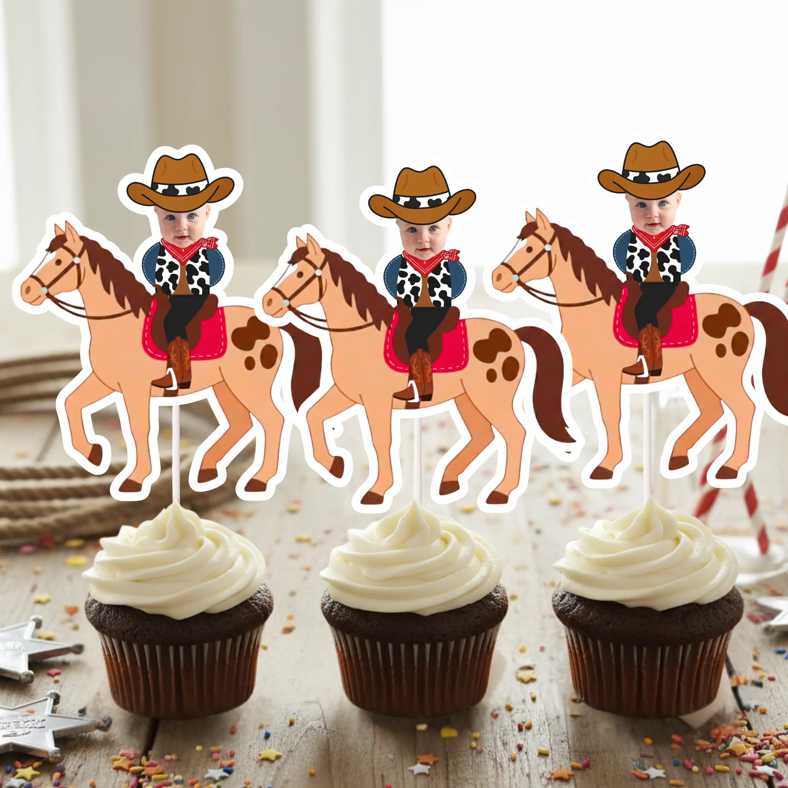 My First Rodeo Horse Face Cupcake Toppers – Personalized Cowboy Birthday Decor