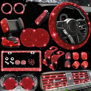 26-Piece Bling Car Accessories Set, Bling Steering Wheel Cover, License Plate Frame, Phone Holder, Cup Mat, Perfect Gift for Women