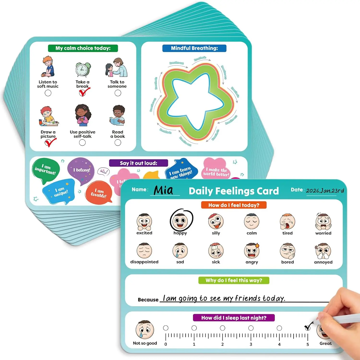 Aizweb Daily Feelings Cards 12 Waterproof Erasable Set, Emotional Regulation Cards for Calm Down Corner Classroom & Homeschool Use Interactive Mood Tracking Cards Custom