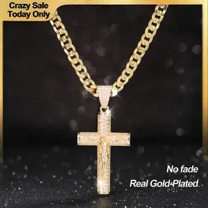 DM FashionJewelry 14K Real Gold-Plated Cross Necklace for Men, Advanced Nanotech Tarnish-Free Cuban Figaro Rope Miami Chains with Jesus Crucifix Pendant, 24” Long , Christian Religious Jewelry Gift