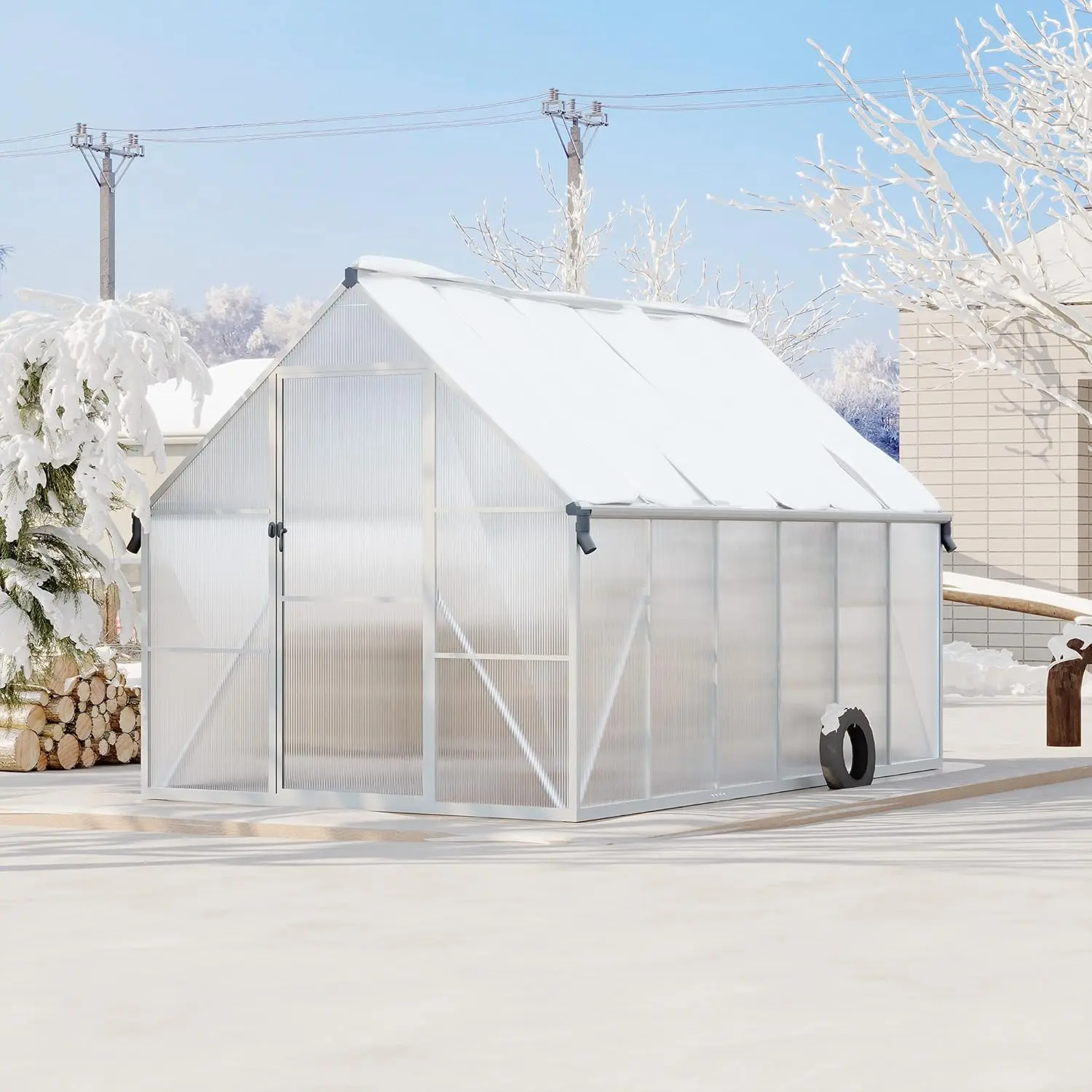 GARVEE Silver 8X12 ft Polycarbonate Greenhouse with Aluminum Frame,Polycarbonate Greenhouse for Outdoors,Greenhouses with Ventilation and Rain Gutter,Aluminum Large Walk-in Greenhouses for Outside