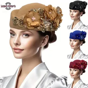 Vintage Floral Wool Pillbox Hat - Rhinestone Hats with Crystal Accents, Elegant Formal Fascinator Beret for Wedding, Tea Party, Multiple Colors Available