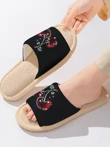 Rhinestone Cherry Print | Y2K Edgy Cute Style Trendy Design 1 Pair Linen Breathable Non-Slip Indoor & Outdoor Fashionable Eva Slippers For Trendy Girls (Spring & Summer)