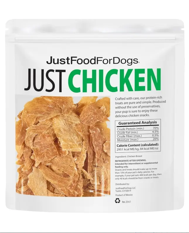 JustFoodForDogs Healthy Dog Treats Single-Ingredient Chicken Breast 5 oz Chewy Semi-Crisp Texture No Fillers No Preservatives