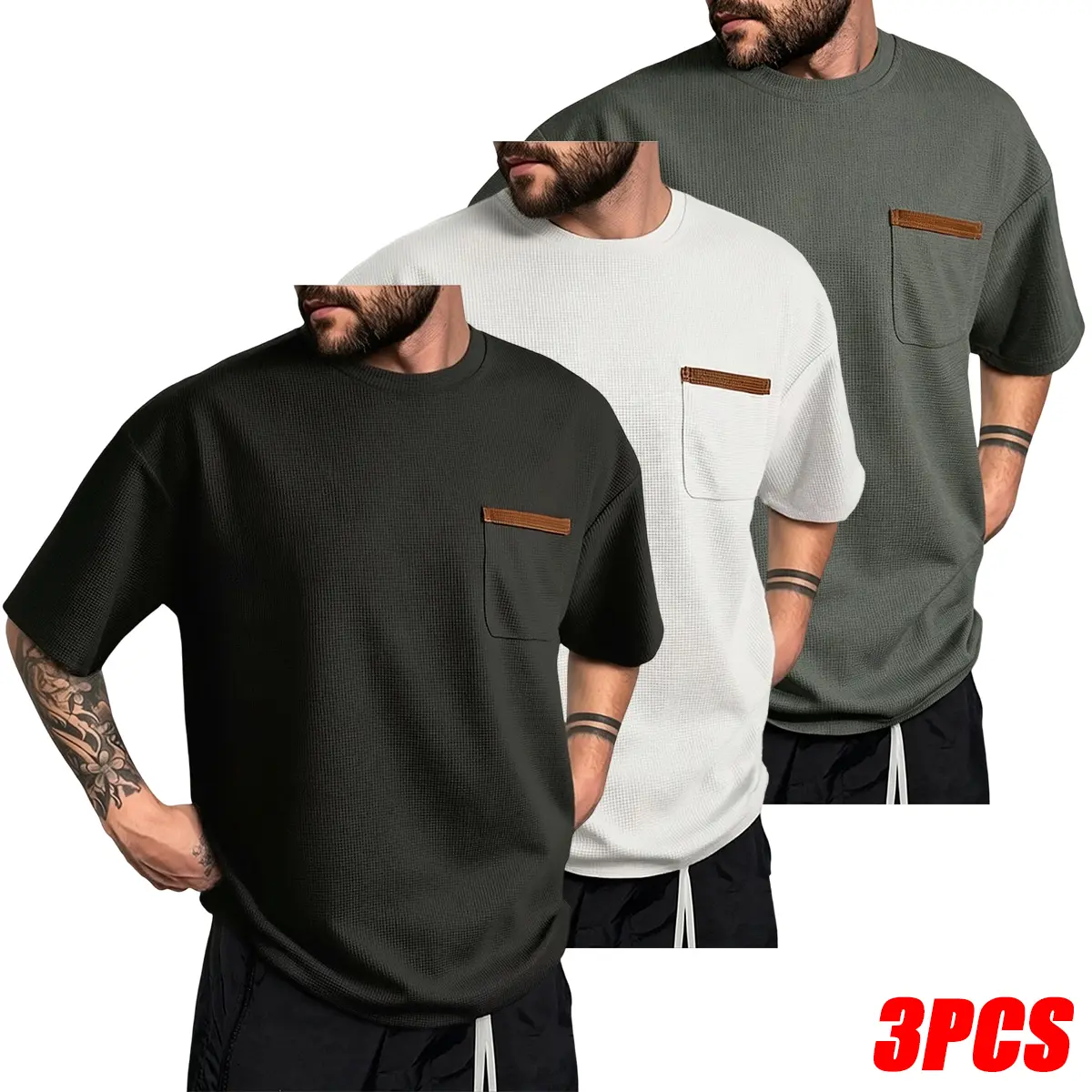 3PCS Men’s Summer Short Sleeve T-Shirts, breathable crew neck athletic tops with chest pocket, lightweight solid color casual sports shirts suitable for gym, outdoor activities, and everyday wear, no pockets design, a great Father’s Day gift choice